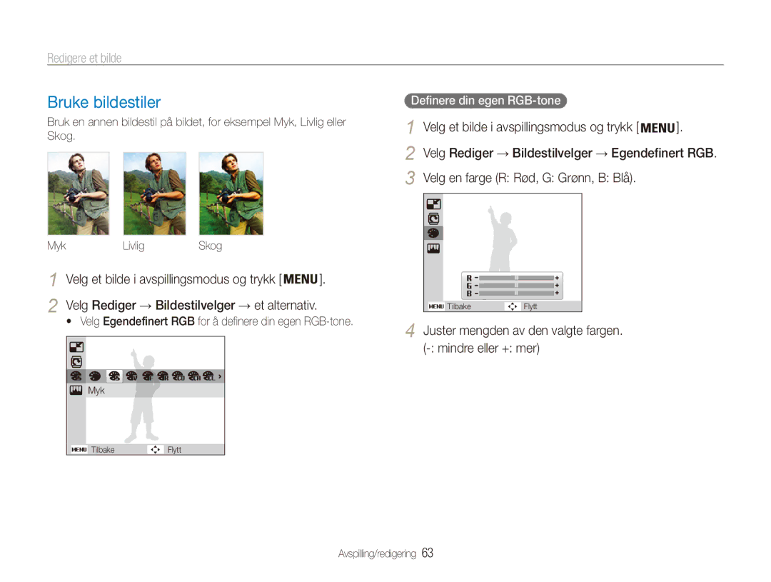 Samsung EC-ES80ZZBPSE2 manual Redigere et bilde, Velg et bilde i avspillingsmodus og trykk, Definere din egen RGB-tone 