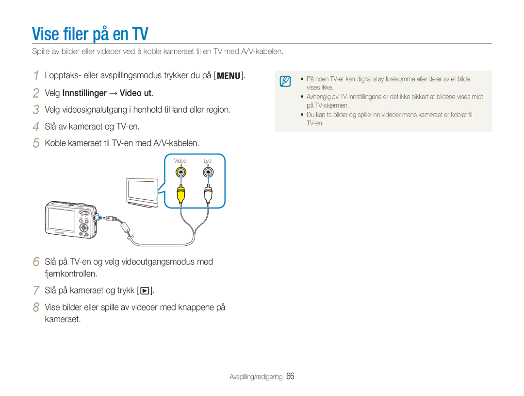 Samsung EC-ES80ZZBPSE2, EC-ES80ZZBPPE2 manual Vise filer på en TV, Velg Innstillinger → Video ut, Slå av kameraet og TV-en 