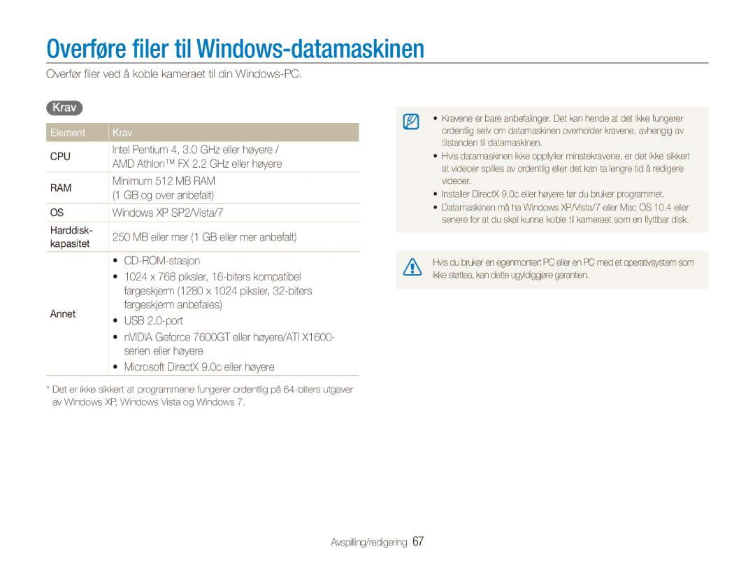 Samsung EC-ES80ZZBPBE2, EC-ES80ZZBPPE2, EC-ES80ZZBPSE2 manual Overføre filer til Windows-datamaskinen, Element Krav 