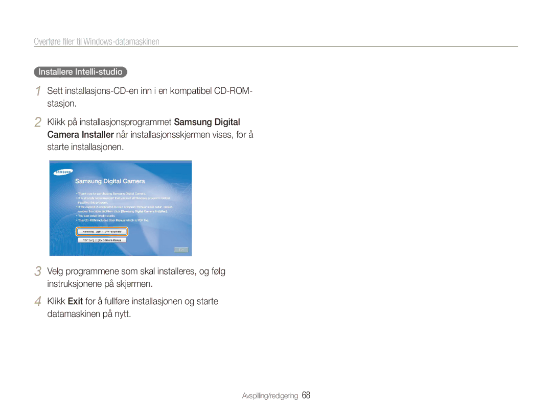 Samsung EC-ES80ZZBPPE2, EC-ES80ZZBPSE2, EC-ES80ZZBPBE2 Overføre filer til Windows-datamaskinen, Installere Intelli-studio 
