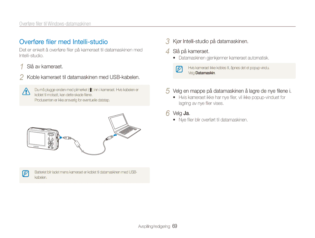 Samsung EC-ES80ZZBPSE2 manual Overføre filer med Intelli-studio, Kjør Intelli-studio på datamaskinen Slå på kameraet 