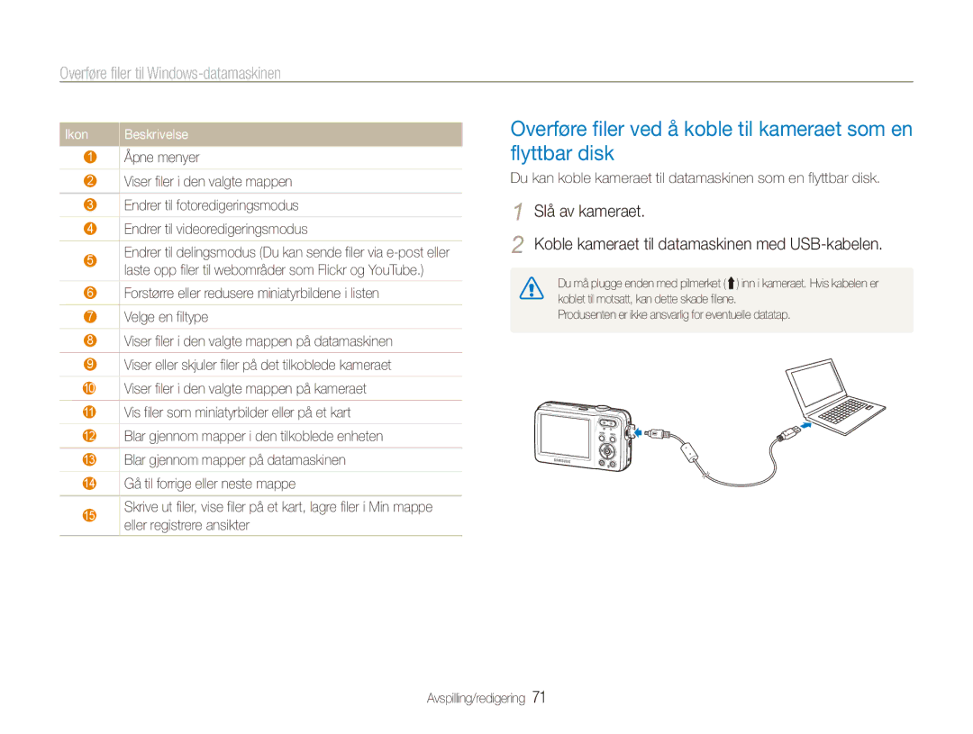 Samsung EC-ES80ZZBPPE2, EC-ES80ZZBPSE2, EC-ES80ZZBPBE2 manual Overføre filer ved å koble til kameraet som en flyttbar disk 