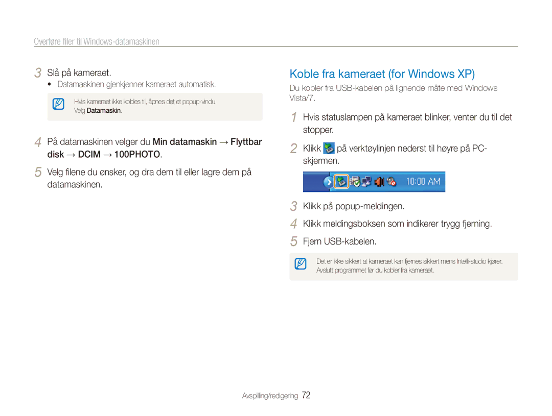 Samsung EC-ES80ZZBPSE2 manual Koble fra kameraet for Windows XP, Skjermen, Klikk på popup-meldingen, Fjern USB-kabelen 