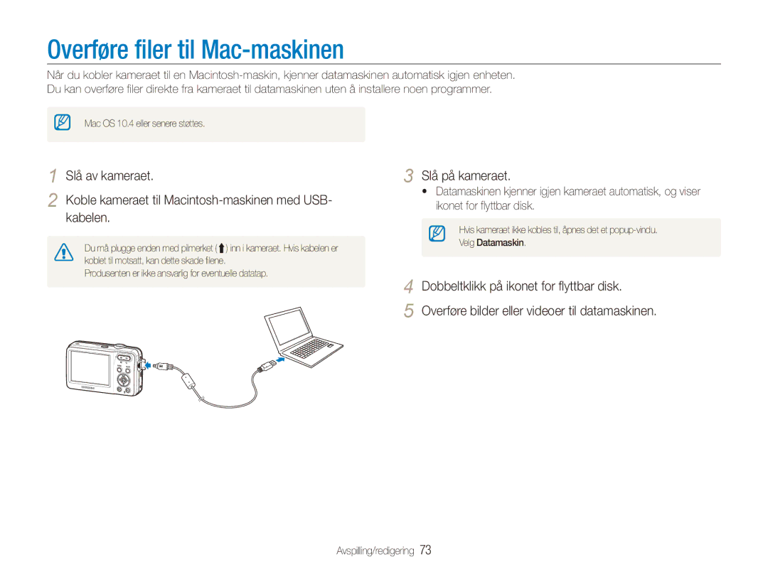 Samsung EC-ES80ZZBPBE2, EC-ES80ZZBPPE2, EC-ES80ZZBPSE2 manual Overføre filer til Mac-maskinen 