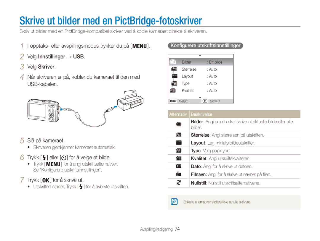 Samsung EC-ES80ZZBPPE2 manual Skrive ut bilder med en PictBridge-fotoskriver, Velg Innstillinger → USB Velg Skriver 