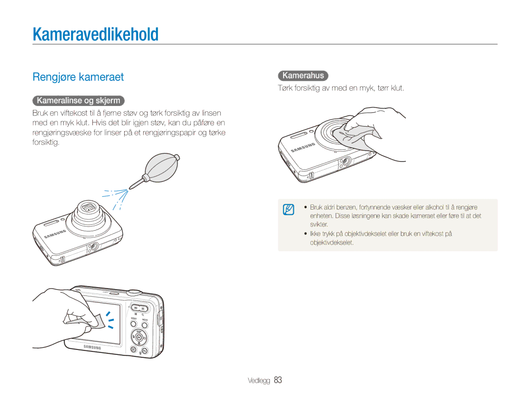 Samsung EC-ES80ZZBPPE2, EC-ES80ZZBPSE2 manual Kameravedlikehold, Rengjøre kameraet, Kameralinse og skjerm, Kamerahus 