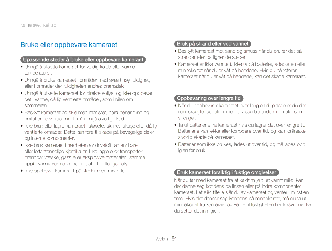 Samsung EC-ES80ZZBPSE2, EC-ES80ZZBPPE2, EC-ES80ZZBPBE2 manual Bruke eller oppbevare kameraet, Kameravedlikehold 