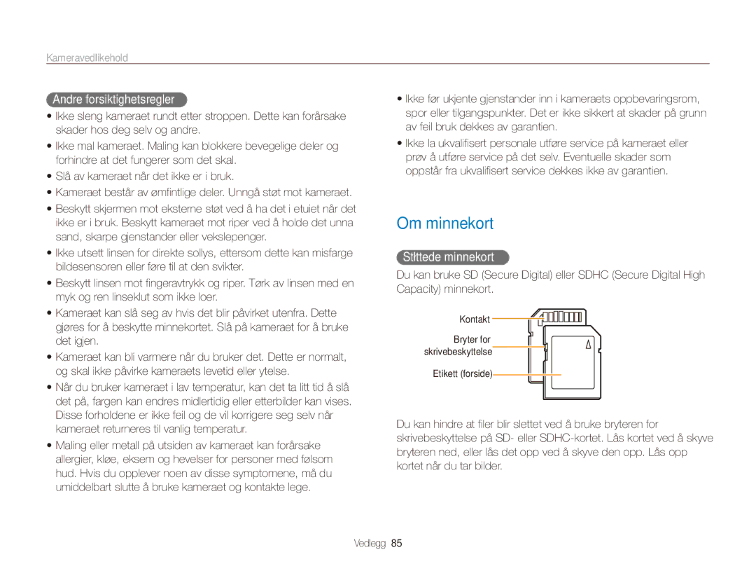 Samsung EC-ES80ZZBPBE2, EC-ES80ZZBPPE2, EC-ES80ZZBPSE2 manual Om minnekort, Andre forsiktighetsregler, Støttede minnekort 