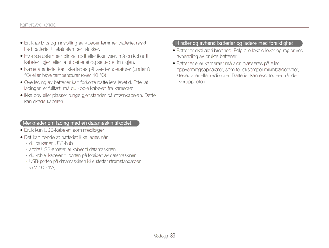 Samsung EC-ES80ZZBPPE2, EC-ES80ZZBPSE2, EC-ES80ZZBPBE2 manual Merknader om lading med en datamaskin tilkoblet, 500 mA 