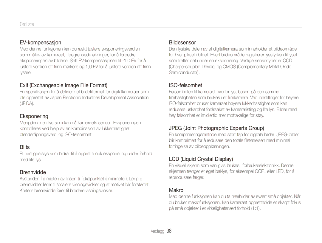 Samsung EC-ES80ZZBPPE2, EC-ES80ZZBPSE2, EC-ES80ZZBPBE2 manual Ordliste 