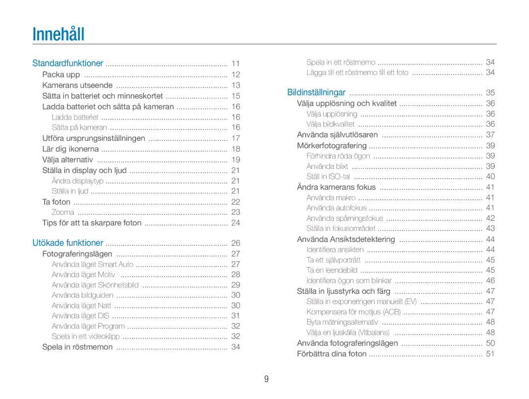 Samsung EC-ES80ZZBPSE2, EC-ES80ZZBPPE2, EC-ES80ZZBPBE2 manual Innehåll 