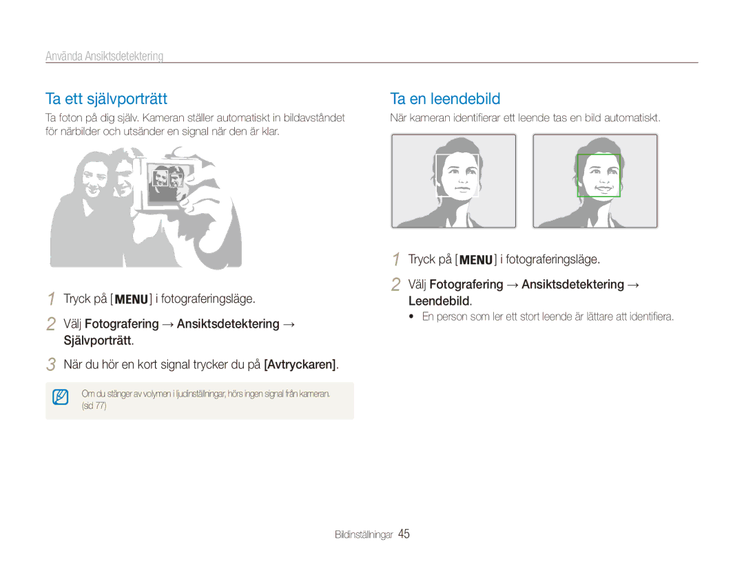 Samsung EC-ES80ZZBPSE2, EC-ES80ZZBPPE2 manual Ta ett självporträtt, Ta en leendebild, Använda Ansiktsdetektering, Leendebild 