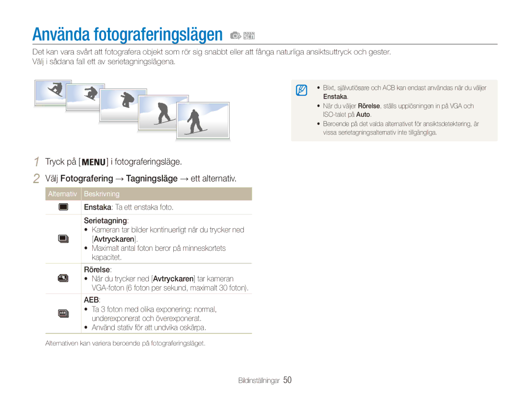 Samsung EC-ES80ZZBPPE2, EC-ES80ZZBPSE2 Använda fotograferingslägen, Välj Fotografering → Tagningsläge → ett alternativ 