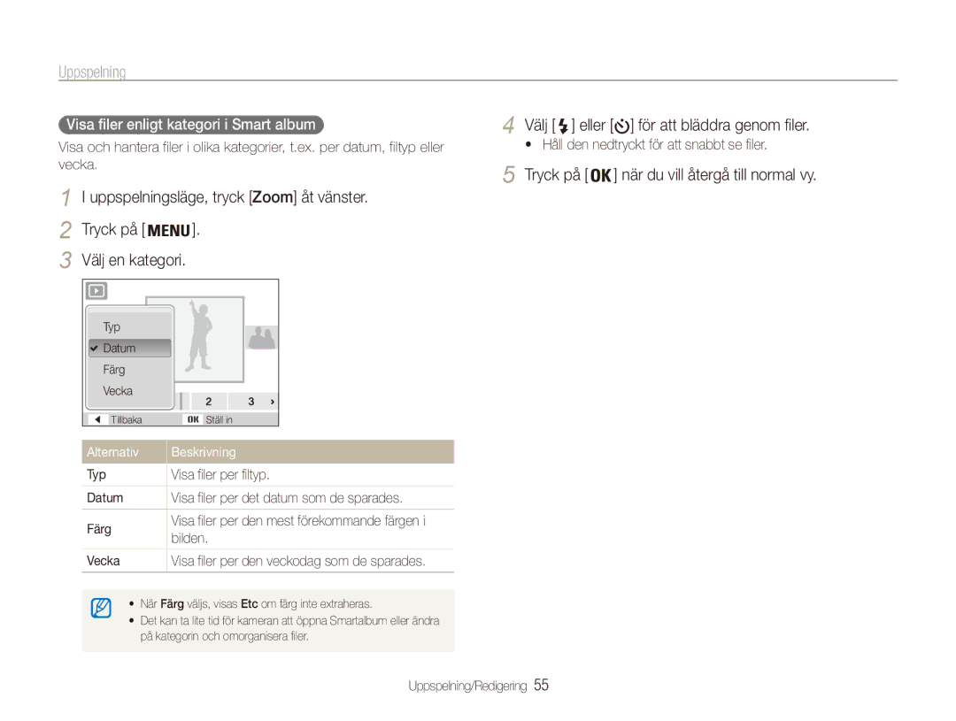 Samsung EC-ES80ZZBPBE2, EC-ES80ZZBPPE2, EC-ES80ZZBPSE2 manual Uppspelningsläge, tryck Zoom åt vänster, Välj en kategori 