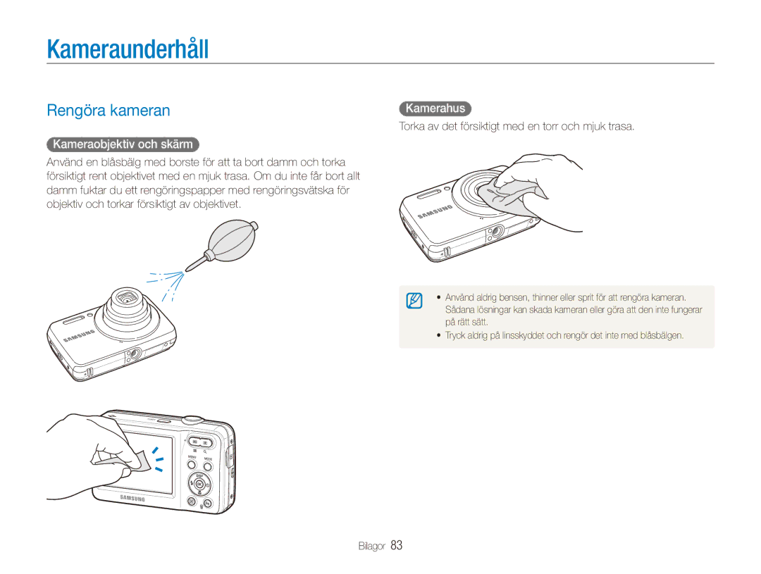 Samsung EC-ES80ZZBPPE2, EC-ES80ZZBPSE2 manual Kameraunderhåll, Rengöra kameran, Kameraobjektiv och skärm, Kamerahus 