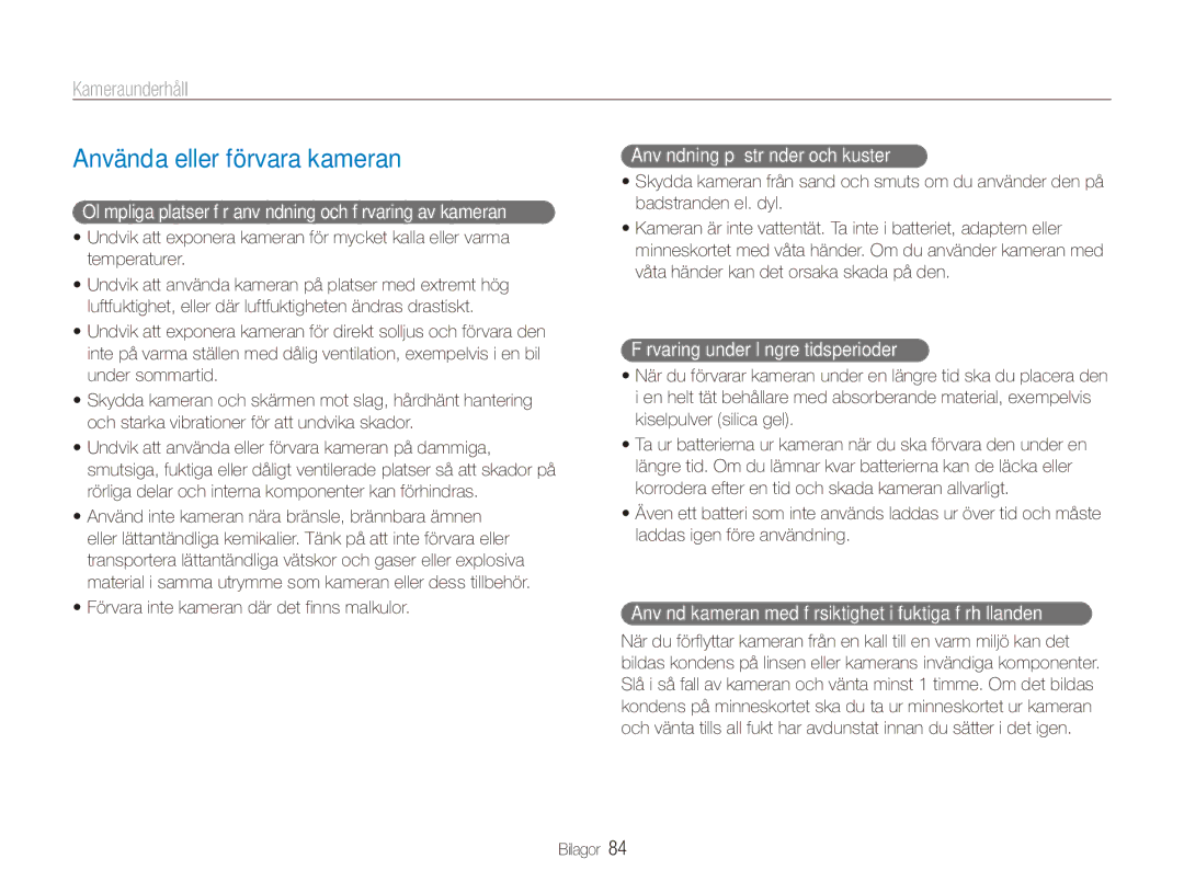 Samsung EC-ES80ZZBPSE2, EC-ES80ZZBPPE2, EC-ES80ZZBPBE2 manual Använda eller förvara kameran, Kameraunderhåll 