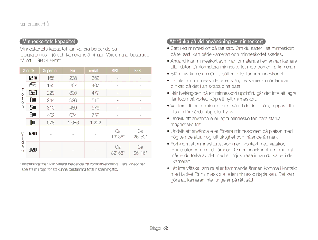 Samsung EC-ES80ZZBPPE2 Minneskortets kapacitet, Att tänka på vid användning av minneskort, Storlek Superfin Fin Normal 