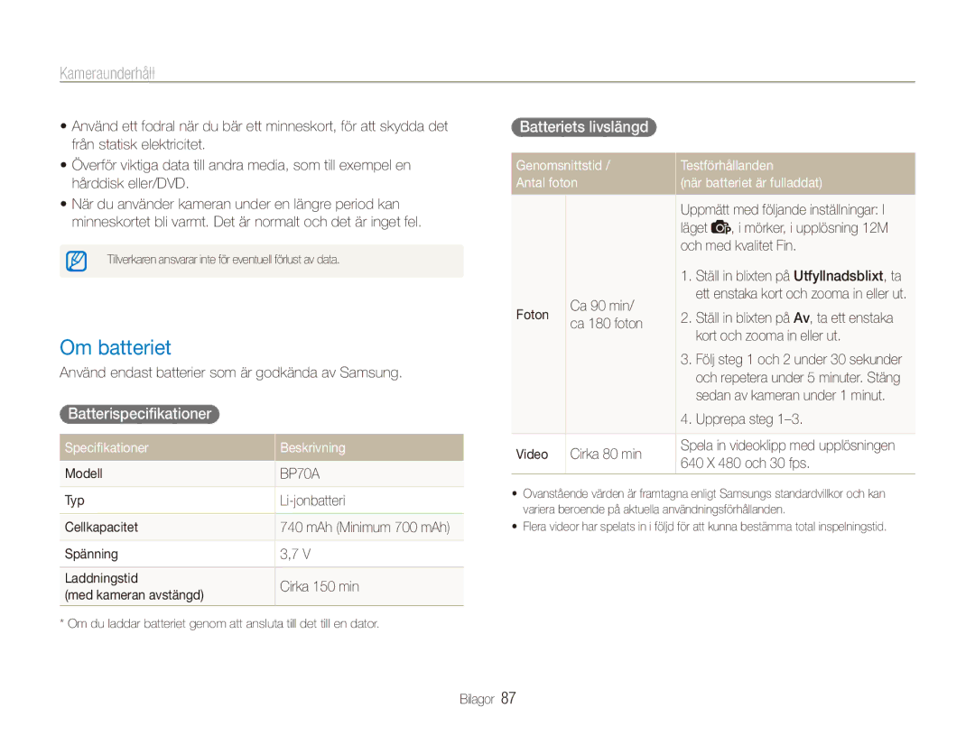 Samsung EC-ES80ZZBPSE2 manual Om batteriet, Batterispecifikationer, Batteriets livslängd, Specifikationer Beskrivning 