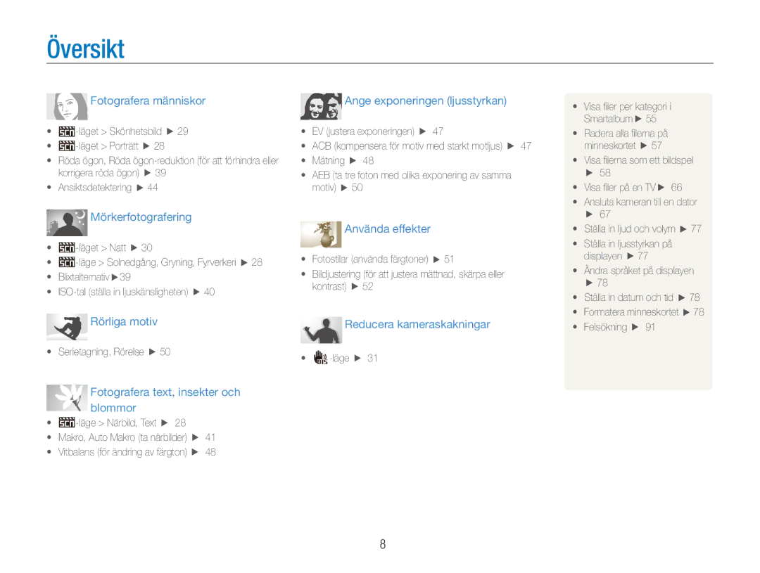 Samsung EC-ES80ZZBPPE2, EC-ES80ZZBPSE2, EC-ES80ZZBPBE2 manual Översikt, Fotografera människor 