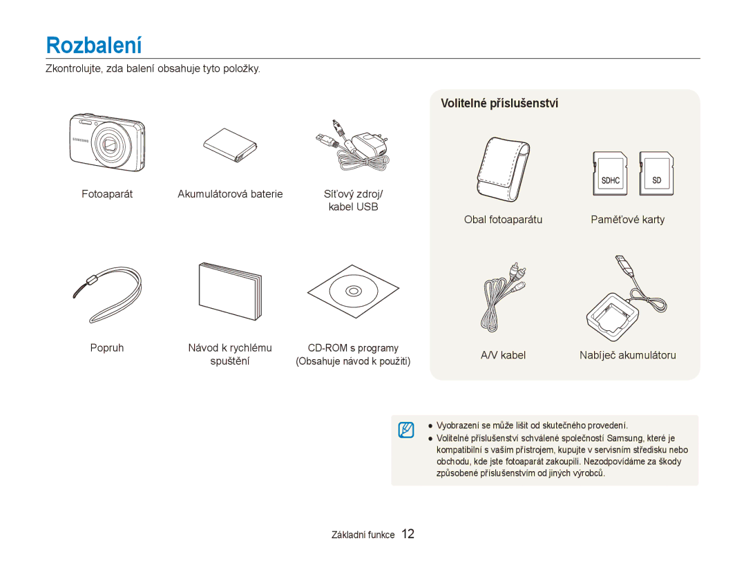 Samsung EC-ES80ZZBPBE3, EC-ES80ZZBPSE3, EC-ES80ZZBPPE3 manual Rozbalení, Volitelné příslušenství 