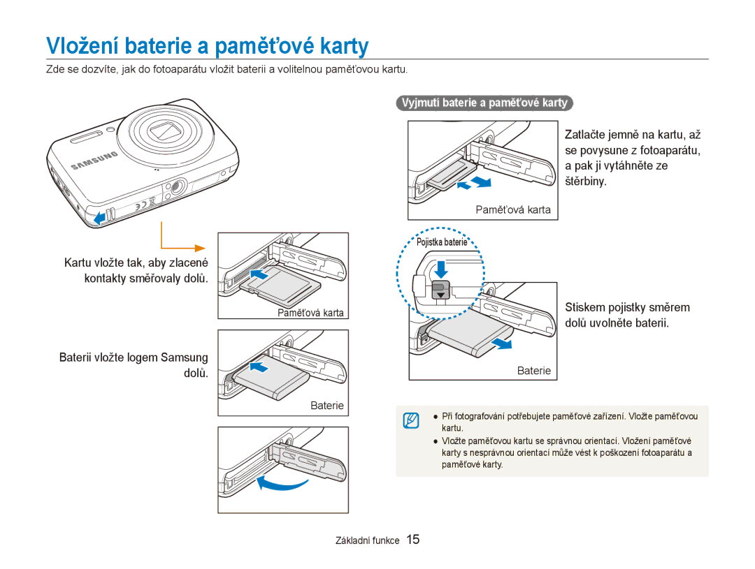 Samsung EC-ES80ZZBPBE3 Vložení baterie a paměťové karty, Pak ji vytáhněte ze, Štěrbiny, Vyjmutí baterie a paměťové karty 