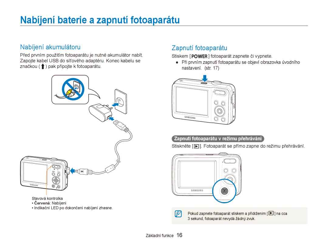 Samsung EC-ES80ZZBPPE3, EC-ES80ZZBPSE3 Nabíjení baterie a zapnutí fotoaparátu, Nabíjení akumulátoru, Zapnutí fotoaparátu 