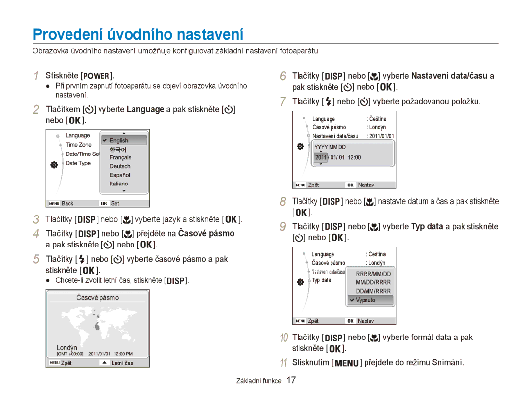 Samsung EC-ES80ZZBPSE3, EC-ES80ZZBPBE3, EC-ES80ZZBPPE3 manual Provedení úvodního nastavení 