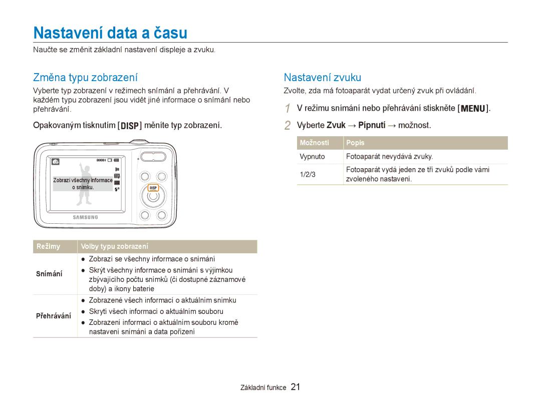 Samsung EC-ES80ZZBPBE3, EC-ES80ZZBPSE3, EC-ES80ZZBPPE3 manual Nastavení data a času, Změna typu zobrazení, Nastavení zvuku 