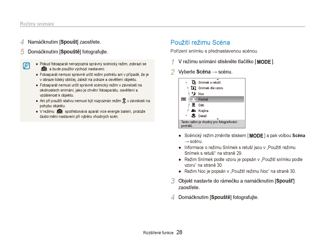 Samsung EC-ES80ZZBPPE3 manual Použití režimu Scéna, Režimy snímání, Režimu snímání stiskněte tlačítko Vyberte Scéna → scénu 