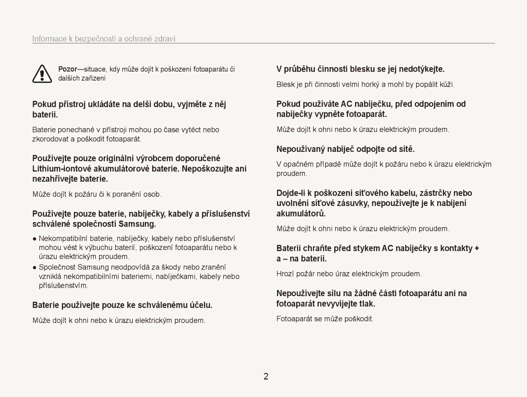 Samsung EC-ES80ZZBPSE3 manual Informace k bezpečnosti a ochraně zdraví, Průběhu činnosti blesku se jej nedotýkejte 