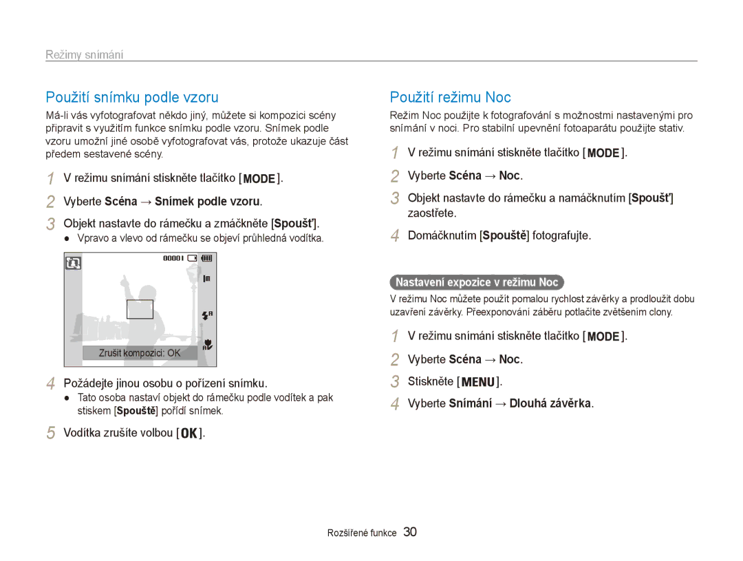 Samsung EC-ES80ZZBPBE3, EC-ES80ZZBPSE3 Použití snímku podle vzoru, Použití režimu Noc, Vyberte Scéna → Snímek podle vzoru 