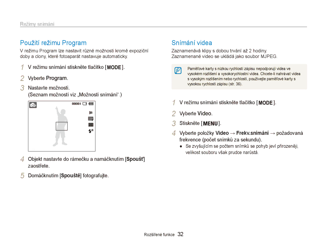Samsung EC-ES80ZZBPSE3, EC-ES80ZZBPBE3, EC-ES80ZZBPPE3 manual Použití režimu Program, Snímání videa 