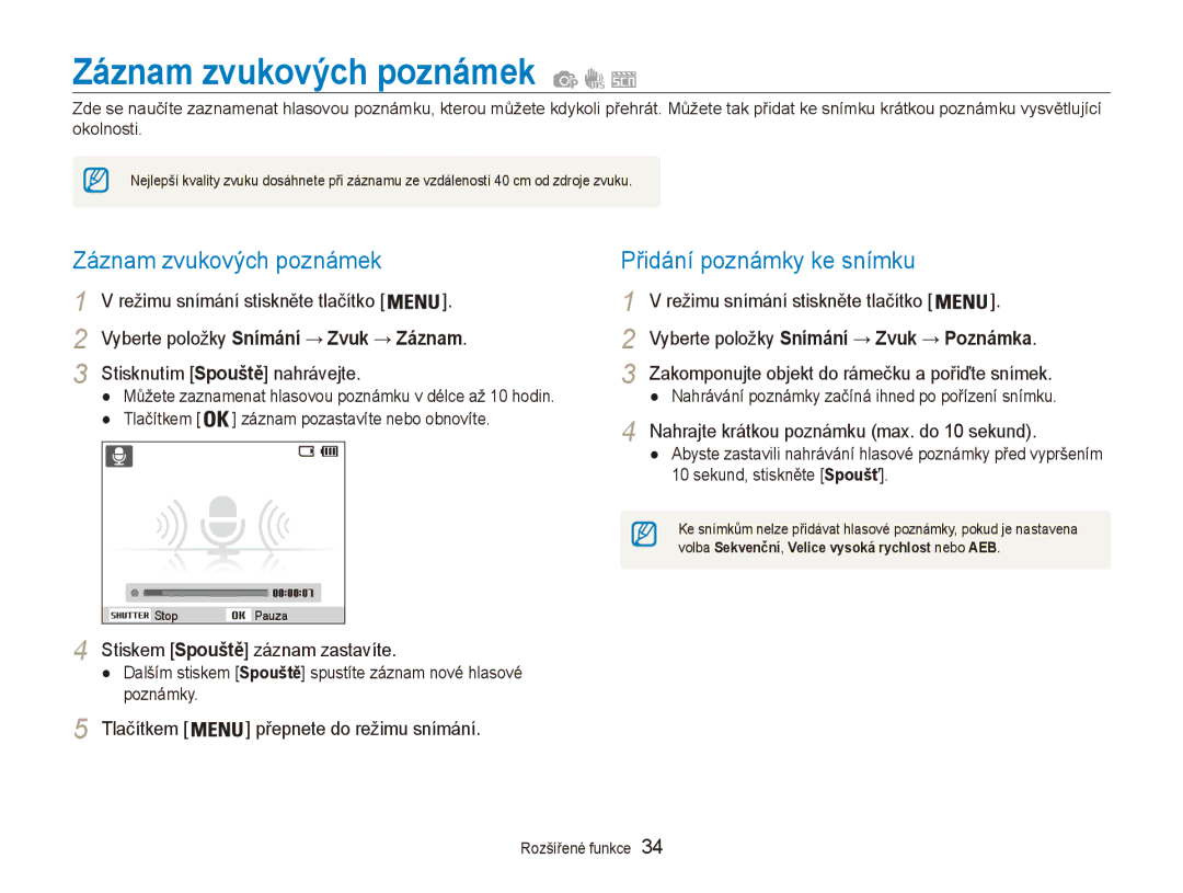 Samsung EC-ES80ZZBPPE3, EC-ES80ZZBPSE3, EC-ES80ZZBPBE3 manual Záznam zvukových poznámek, Přidání poznámky ke snímku 