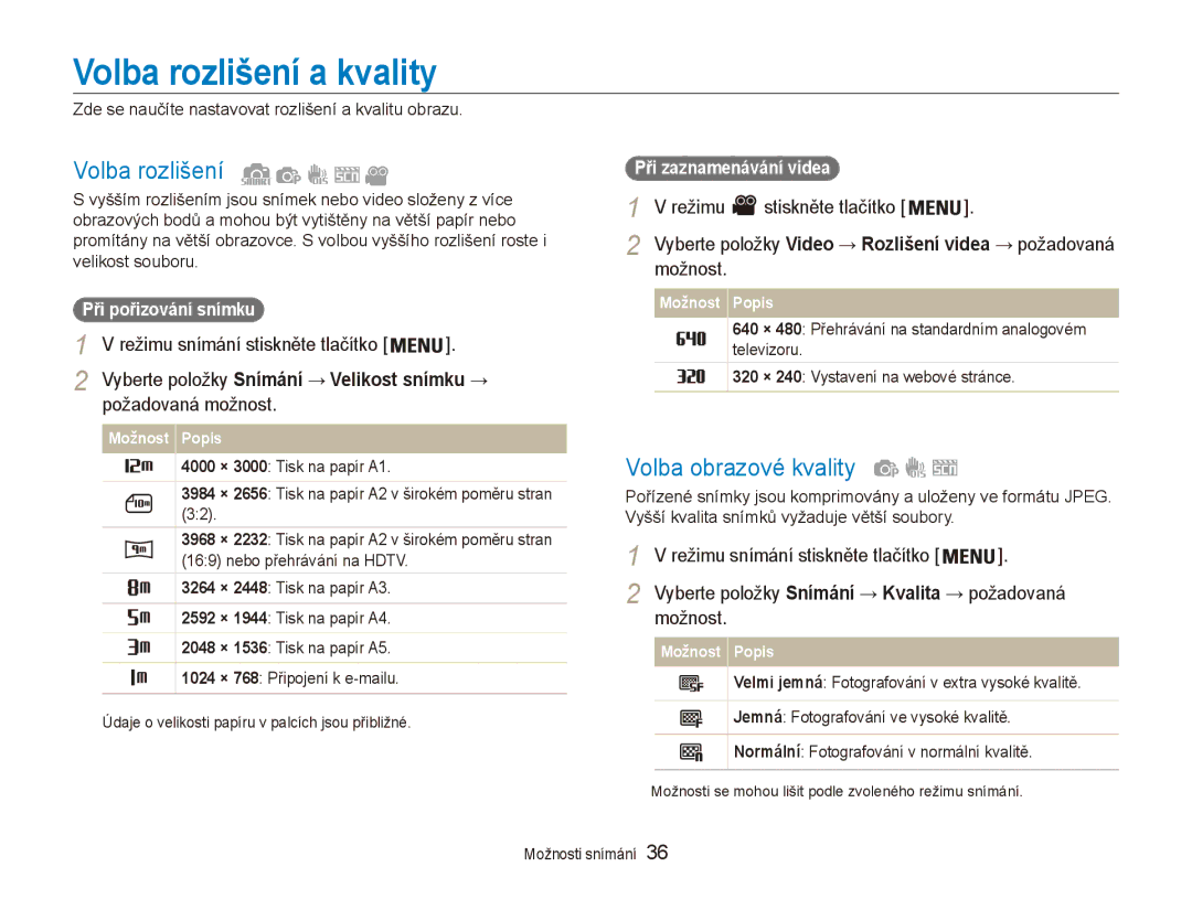 Samsung EC-ES80ZZBPBE3, EC-ES80ZZBPSE3 manual Volba rozlišení a kvality, Volba obrazové kvality, Režimu Stiskněte tlačítko 