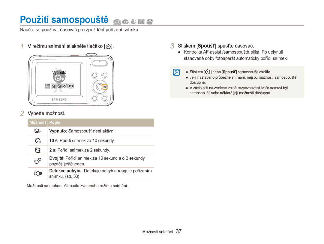 Samsung EC-ES80ZZBPPE3, EC-ES80ZZBPSE3, EC-ES80ZZBPBE3 manual Použití samospouště, Stiskem Spoušť spusťte časovač 