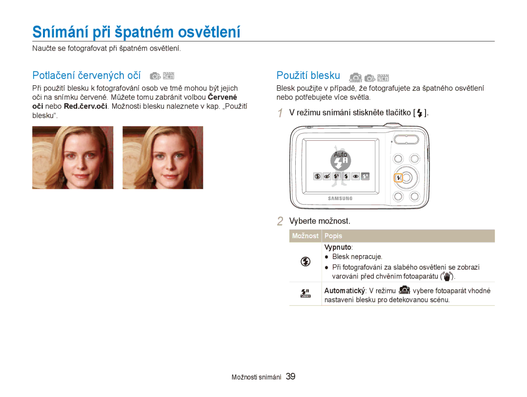 Samsung EC-ES80ZZBPBE3, EC-ES80ZZBPSE3 Snímání při špatném osvětlení, Potlačení červených očí, Použití blesku, Vypnuto 