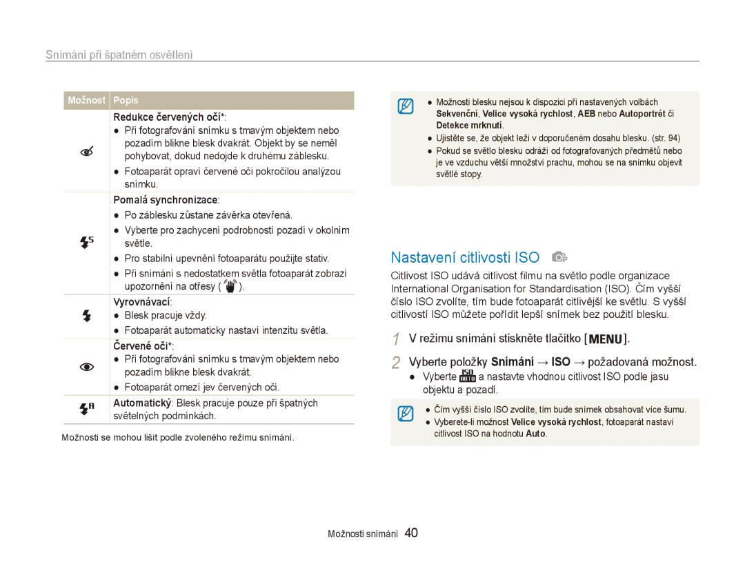 Samsung EC-ES80ZZBPPE3, EC-ES80ZZBPSE3, EC-ES80ZZBPBE3 manual Nastavení citlivosti ISO, Snímání při špatném osvětlení 