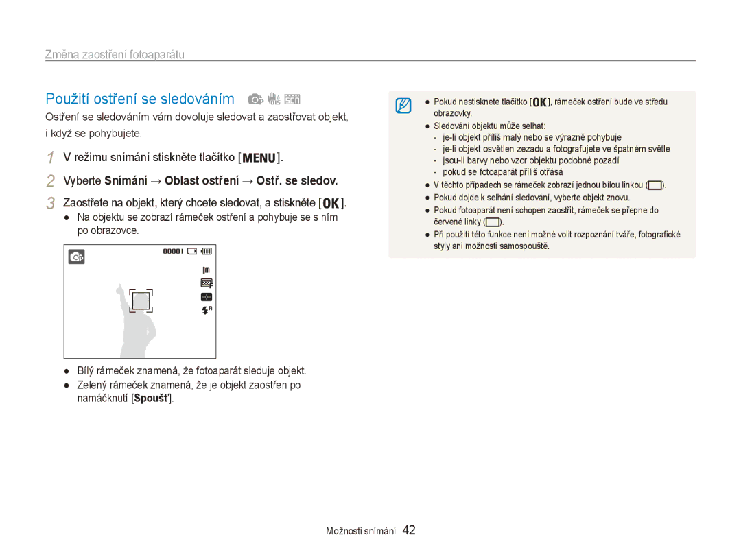 Samsung EC-ES80ZZBPBE3, EC-ES80ZZBPSE3, EC-ES80ZZBPPE3 manual Použití ostření se sledováním, Změna zaostření fotoaparátu 