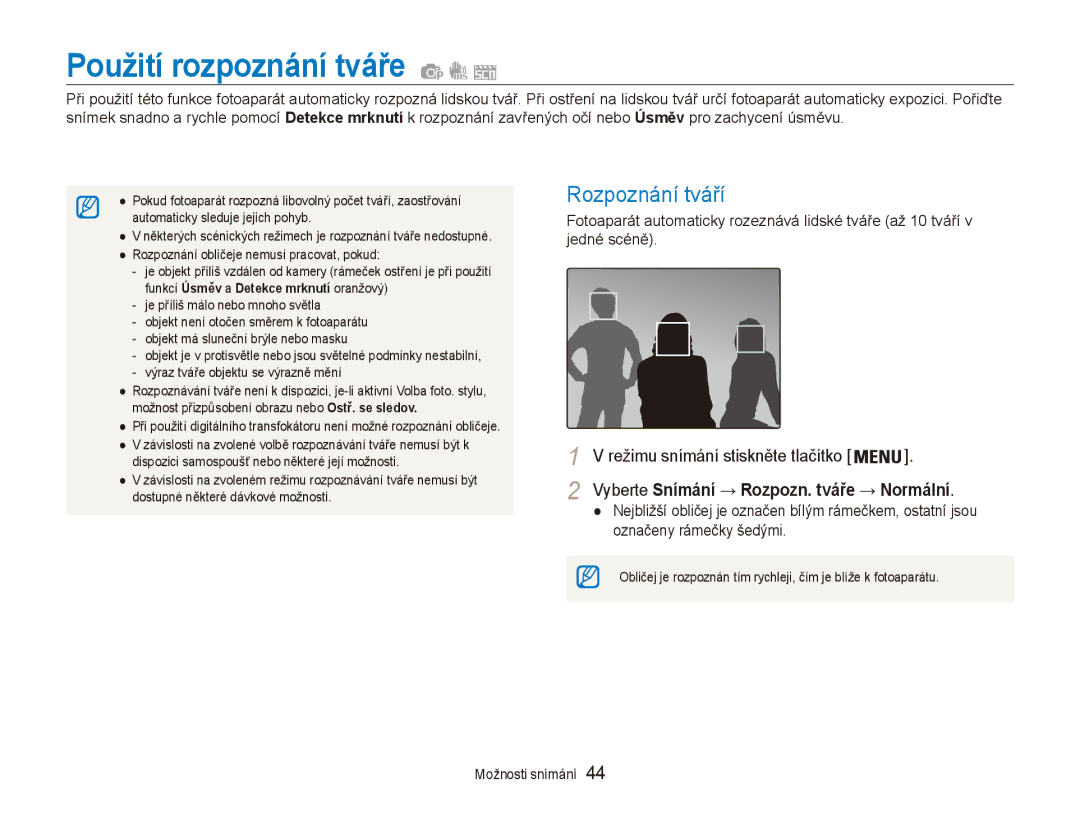 Samsung EC-ES80ZZBPSE3 manual Použití rozpoznání tváře, Rozpoznání tváří, Vyberte Snímání → Rozpozn. tváře → Normální 