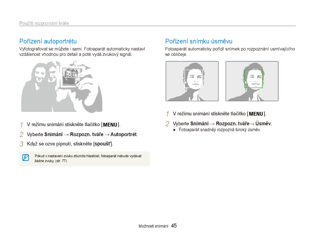 Samsung EC-ES80ZZBPBE3, EC-ES80ZZBPSE3 manual Pořízení autoportrétu, Pořízení snímku úsměvu, Použití rozpoznání tváře 
