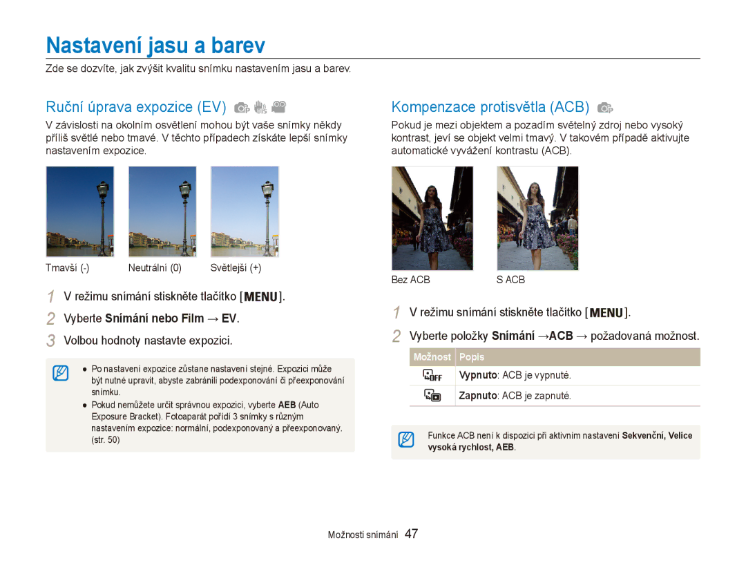 Samsung EC-ES80ZZBPSE3, EC-ES80ZZBPBE3 manual Nastavení jasu a barev, Ruční úprava expozice EV, Kompenzace protisvětla ACB 