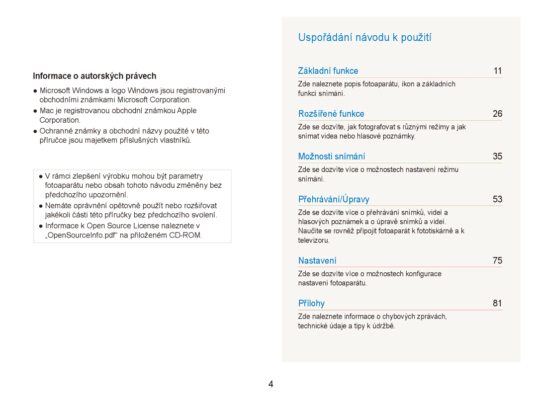 Samsung EC-ES80ZZBPPE3, EC-ES80ZZBPSE3, EC-ES80ZZBPBE3 manual Uspořádání návodu k použití, Informace o autorských právech 