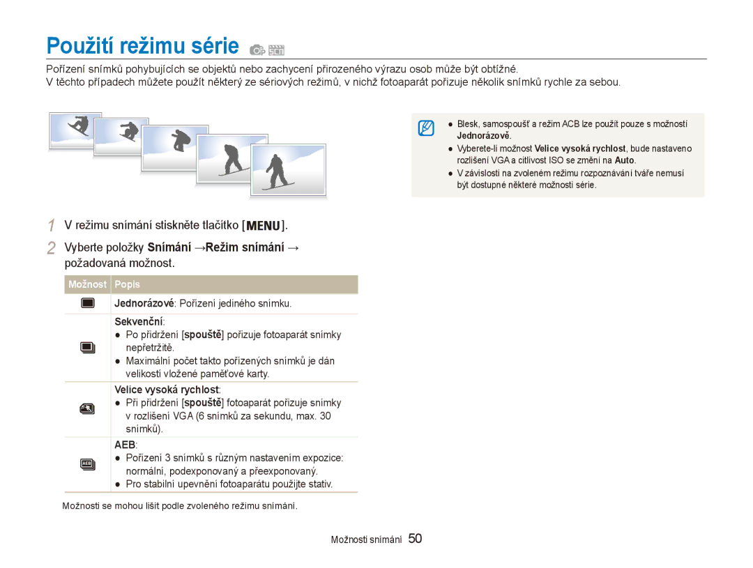 Samsung EC-ES80ZZBPSE3 manual Použití režimu série, Jednorázové Pořízení jediného snímku, Sekvenční, Velice vysoká rychlost 