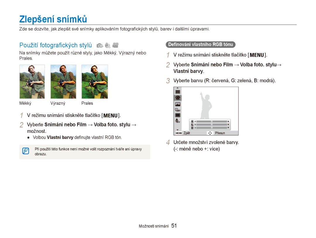 Samsung EC-ES80ZZBPBE3 manual Zlepšení snímků, Použití fotografických stylů, Vyberte barvu R červená, G zelená, B modrá 