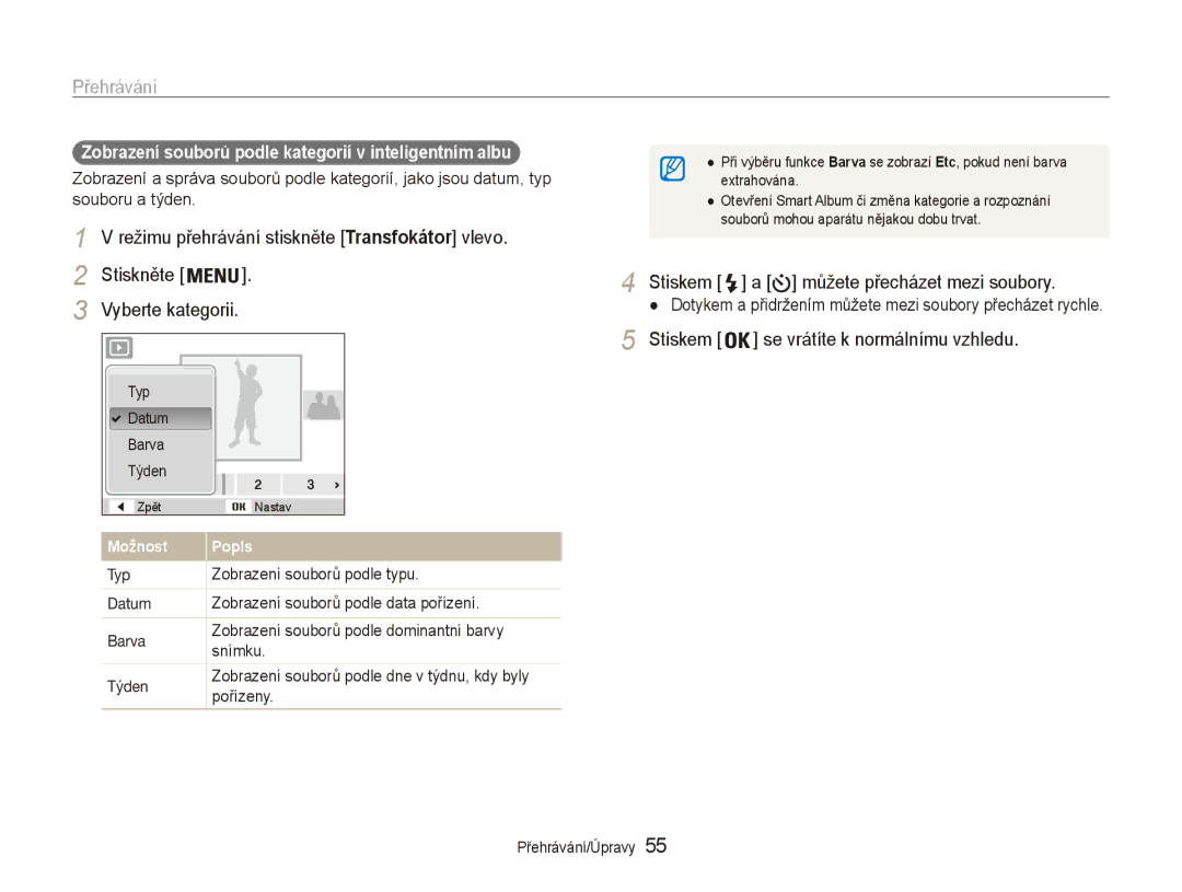 Samsung EC-ES80ZZBPPE3, EC-ES80ZZBPSE3, EC-ES80ZZBPBE3 manual Přehrávání, Stiskem se vrátíte k normálnímu vzhledu 