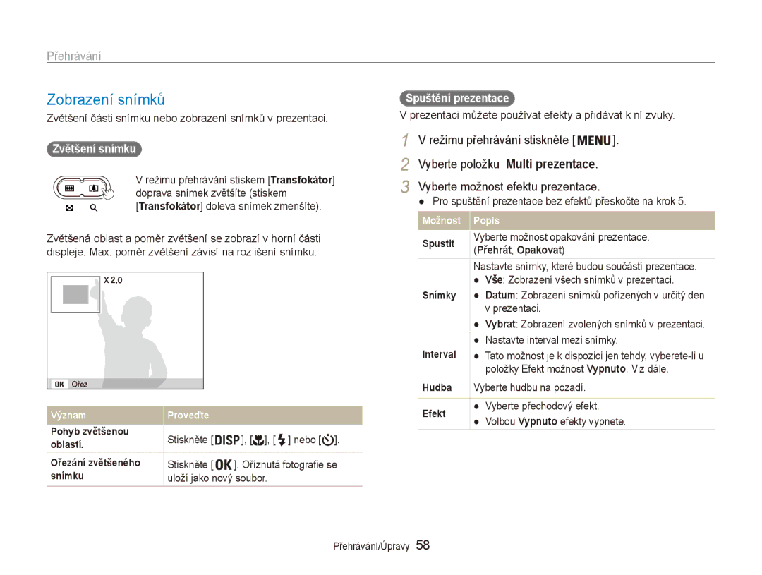 Samsung EC-ES80ZZBPPE3, EC-ES80ZZBPSE3 manual Zobrazení snímků, Spuštění prezentace, Zvětšení snímku, Přehrát , Opakovat 