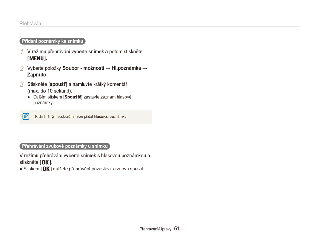 Samsung EC-ES80ZZBPPE3, EC-ES80ZZBPSE3 manual Režimu přehrávání vyberte snímek a potom stiskněte, Přidání poznámky ke snímku 