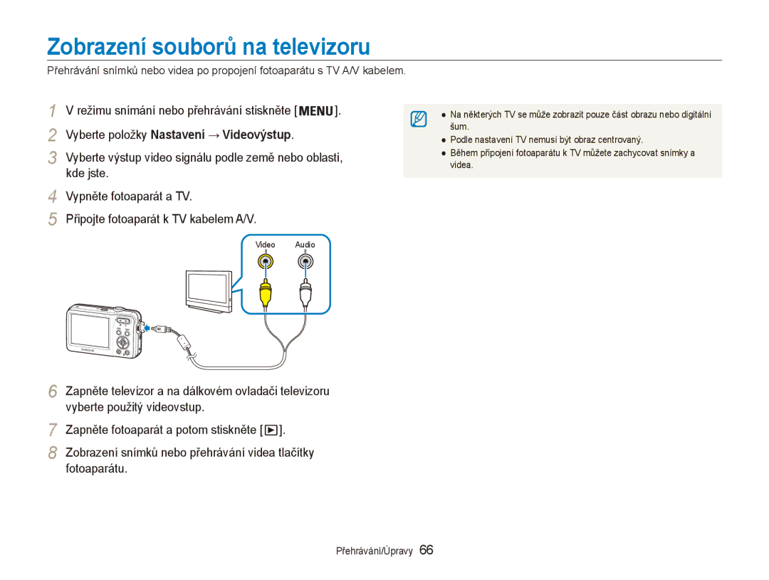 Samsung EC-ES80ZZBPBE3, EC-ES80ZZBPSE3 manual Zobrazení souborů na televizoru, Režimu snímání nebo přehrávání stiskněte 