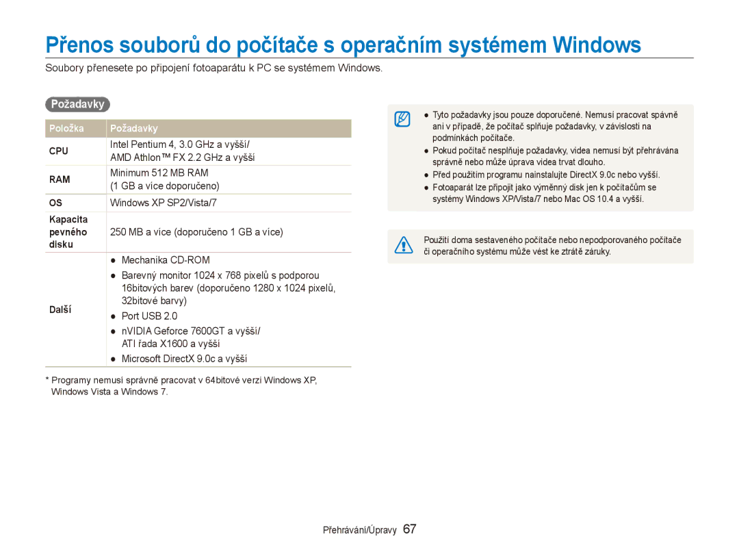 Samsung EC-ES80ZZBPPE3, EC-ES80ZZBPSE3, EC-ES80ZZBPBE3 Přenos souborů do počítače s operačním systémem Windows, Požadavky 