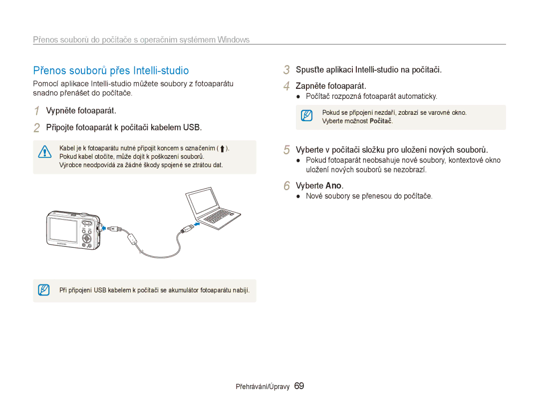 Samsung EC-ES80ZZBPBE3 manual Přenos souborů přes Intelli-studio, Vyberte v počítači složku pro uložení nových souborů 